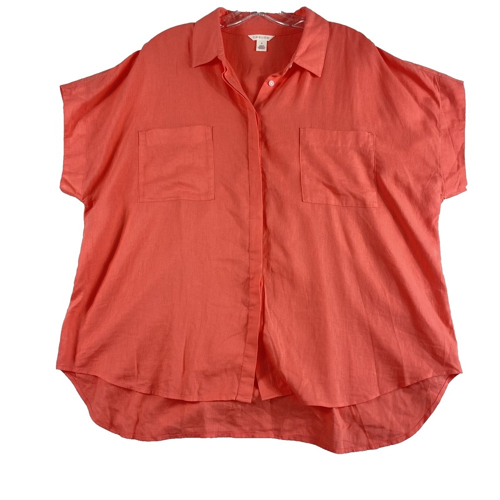 2/$30 Caslon Nordstrom Top Shirt Sz 1X Coral Orange Linen Blend Lagen Coastal